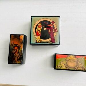 🐸 3 Vintage Frog Designed Small Plastic Trinket Boxes w Lids
